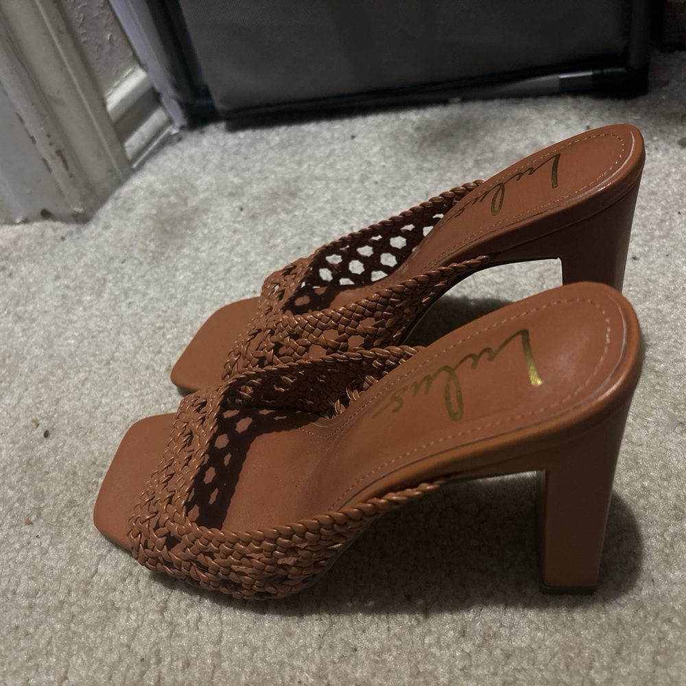 brown heeled sandals, lulus brand, worn once, excellent condition